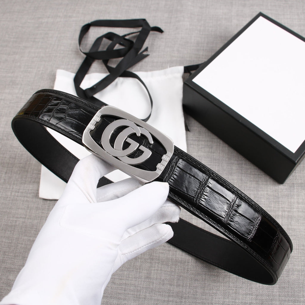 G BELT SILVER BUCKLE CROCODILE POLISHED BLACK  3.8CM