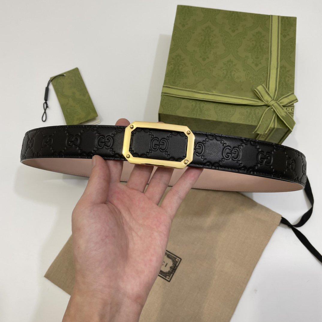 G BELT GOLD SQUARE BUCKLE BLACK LEATHER 3.5CM