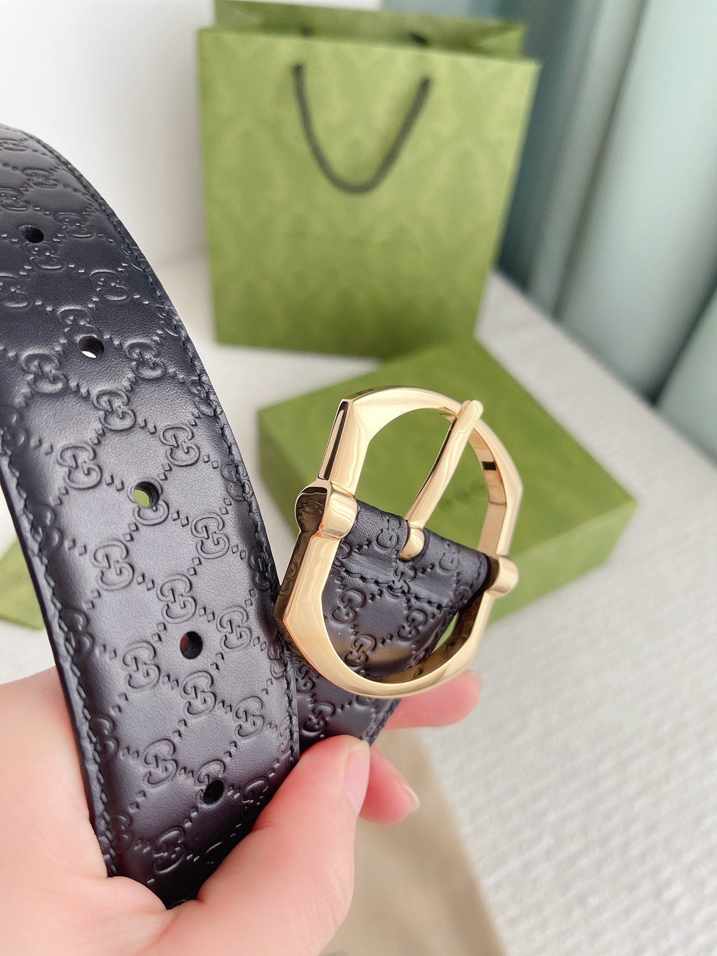 GC BELT GOLD BUCKLE IN GG SINK LEATHER 4.0CM