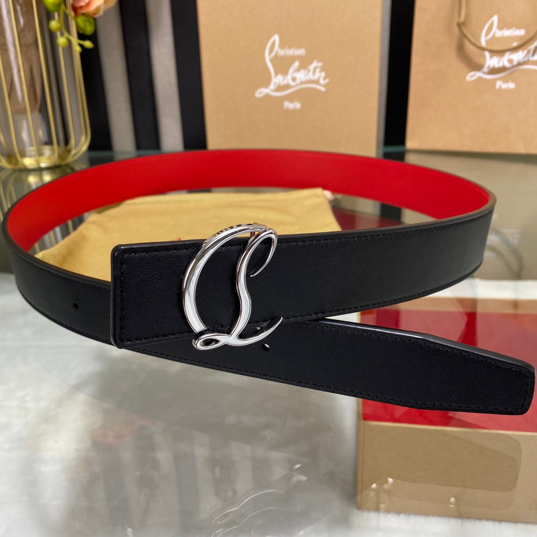 CL Logo Belt with Silver Buckle Black Red Cowhide