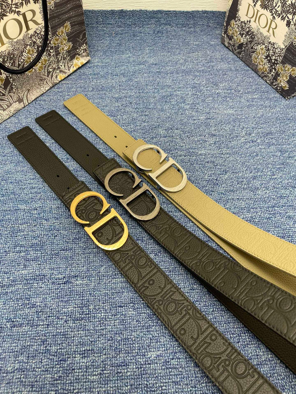 CD Belt 35mm Kumo Cannage Pattern Black Leather Bronze Buckle