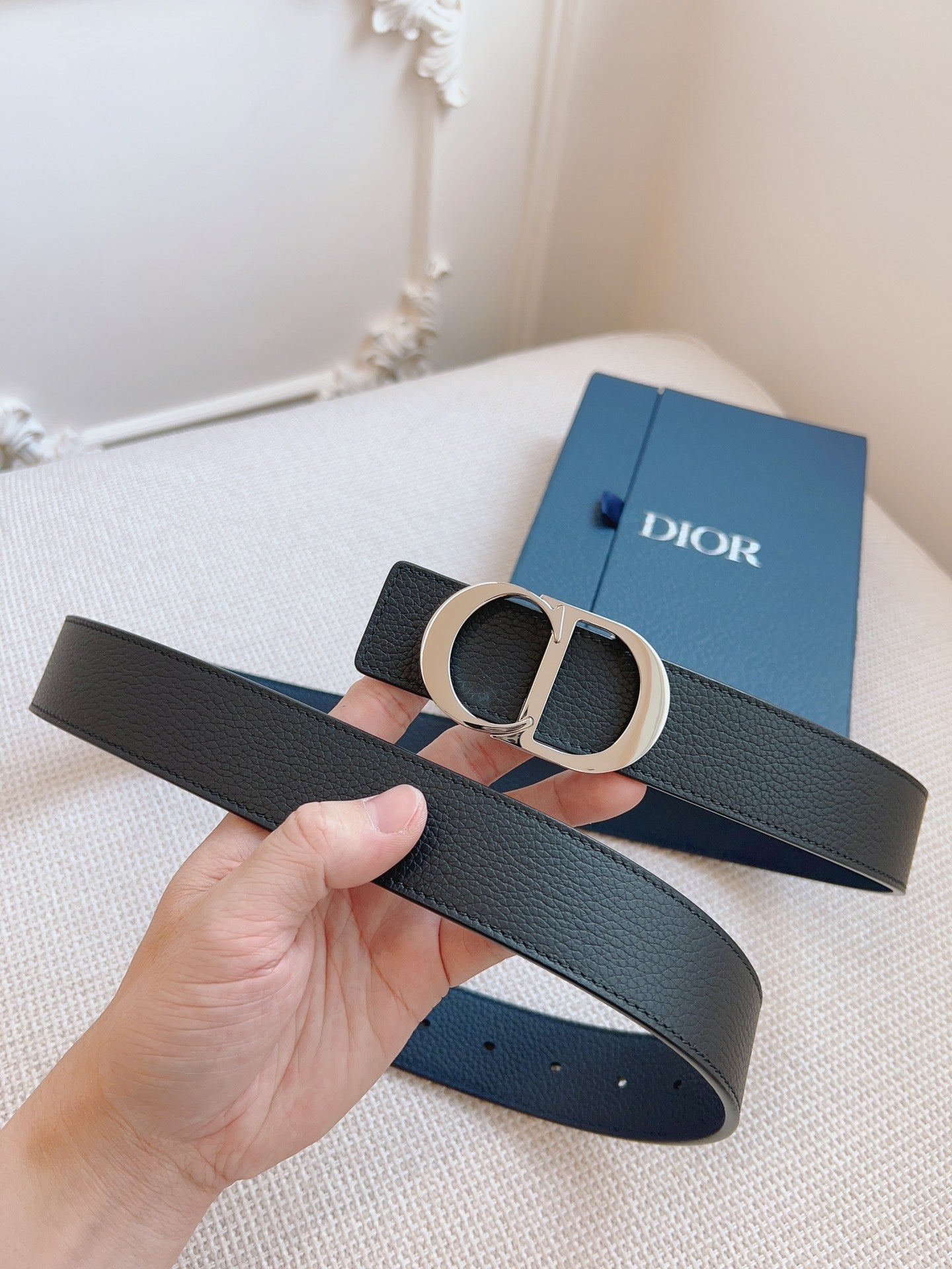 CD Belt 35mm Black Blue Leather Silver Buckle