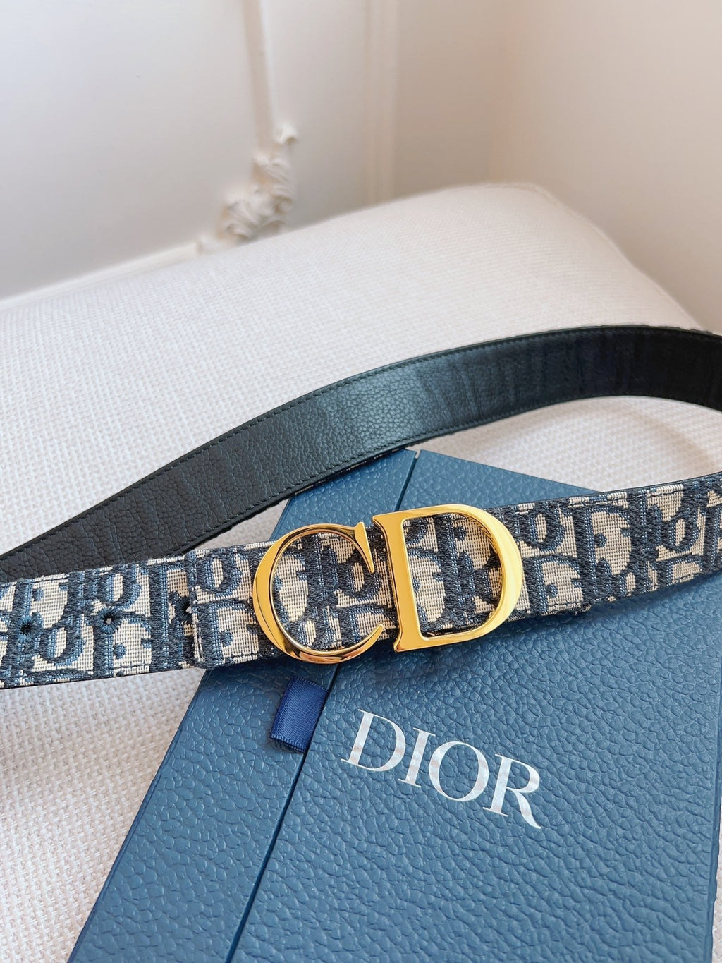 CD Belt 35mm Black Beige Canvas Black Calfskin Gold Buckle