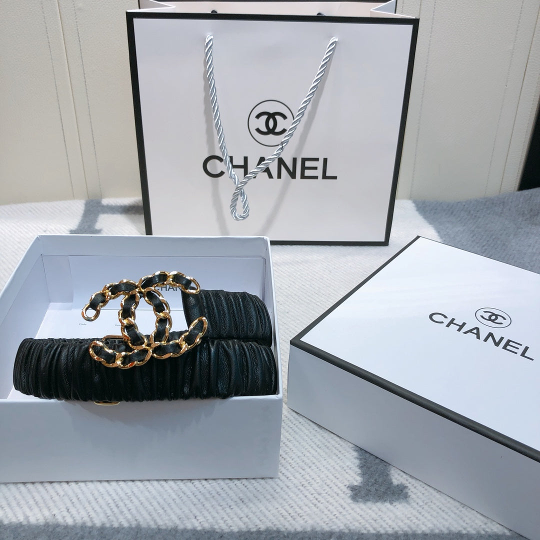 CC Rhinestone Logo Buckle 30mm Elastic Black Lamskin Belt 614238