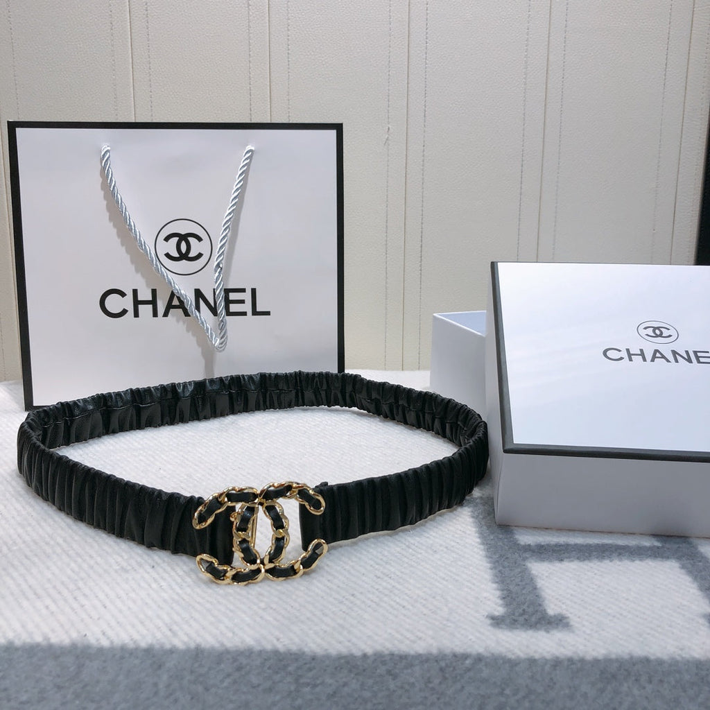 CC Rhinestone Logo Buckle 30mm Elastic Black Lamskin Belt 614238