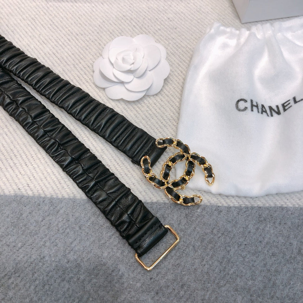 CC Rhinestone Logo Buckle 30mm Elastic Black Lamskin Belt 614238