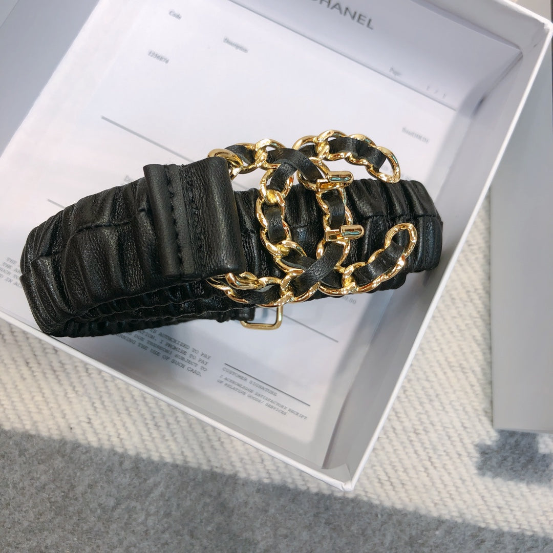 CC Rhinestone Logo Buckle 30mm Elastic Black Lamskin Belt 614238
