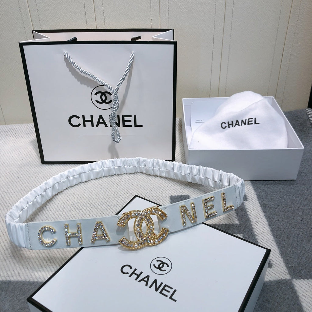CC Elastic Belt 30mm Gold Rhinestone Logo White Cowhide 614214