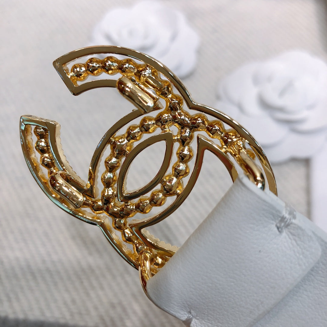 CC Elastic Belt 30mm Gold Rhinestone Logo White Cowhide 614214
