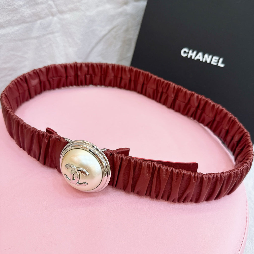 CC Stamp Buckle Women Belt 30mm Elastic Red Cowhide 196838