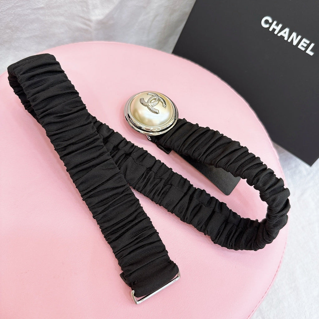 CC Stamp Buckle Women Belt 30mm Elastic Black Cowhide 196837