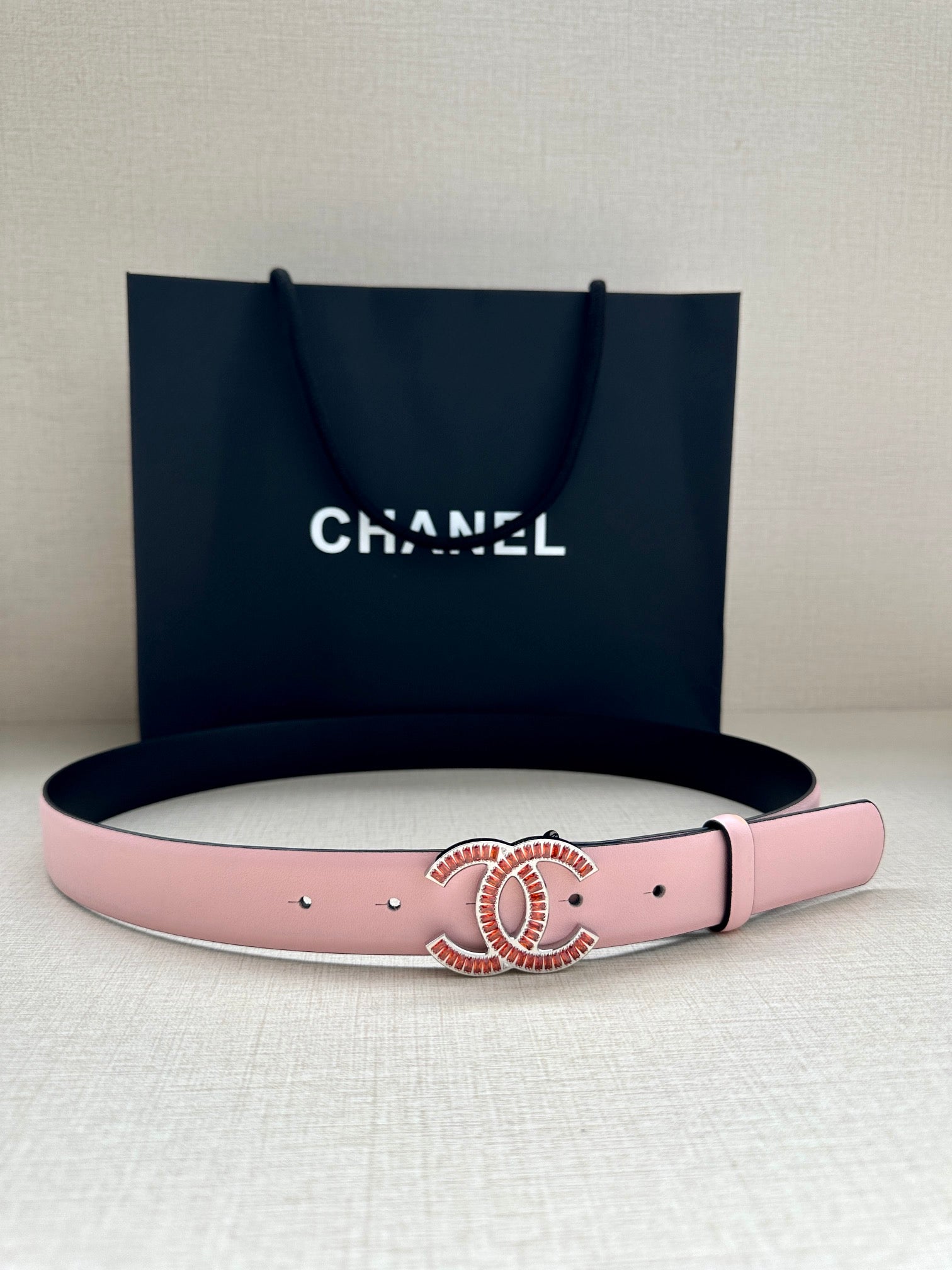 CC Women's Belt 3.0CM Pink Black Cowhide Red Buckle 616971