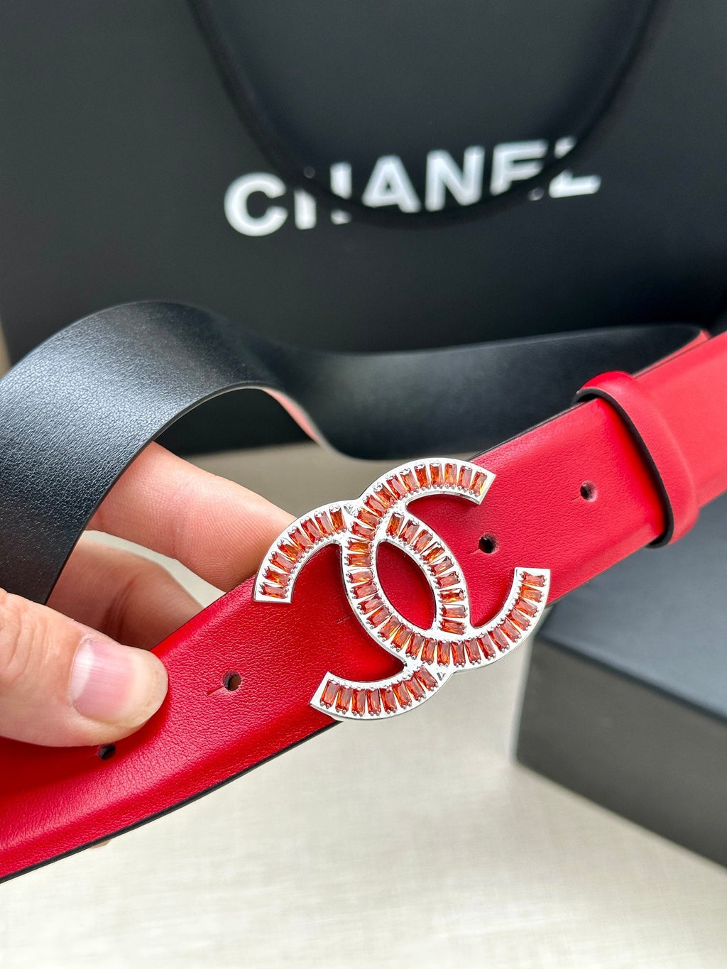 CC Women's Belt 3.0CM Red Black Cowhide Red Buckle 616970