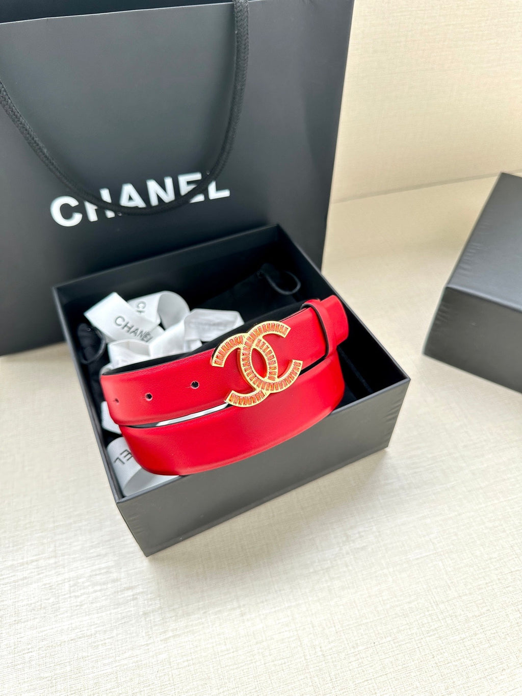 CC Women's Belt 3.0CM Red Black Cowhide Red Buckle 616970