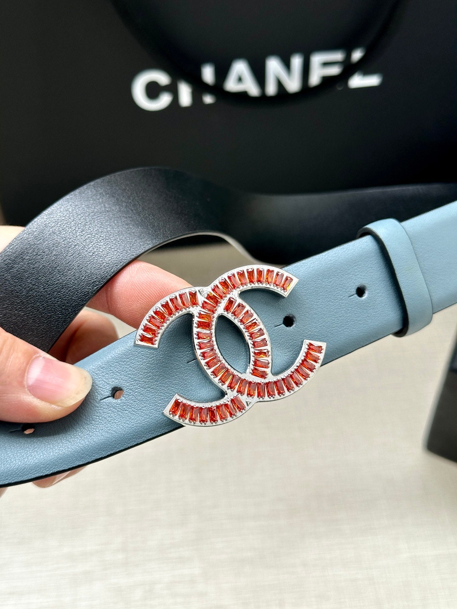 CC Women's Belt 3.0CM Light Blue Black Cowhide Red Buckle 616966