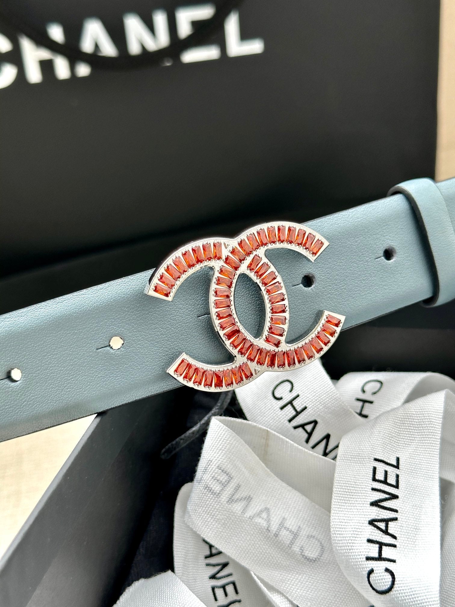 CC Women's Belt 3.0CM Light Blue Black Cowhide Red Buckle 616966