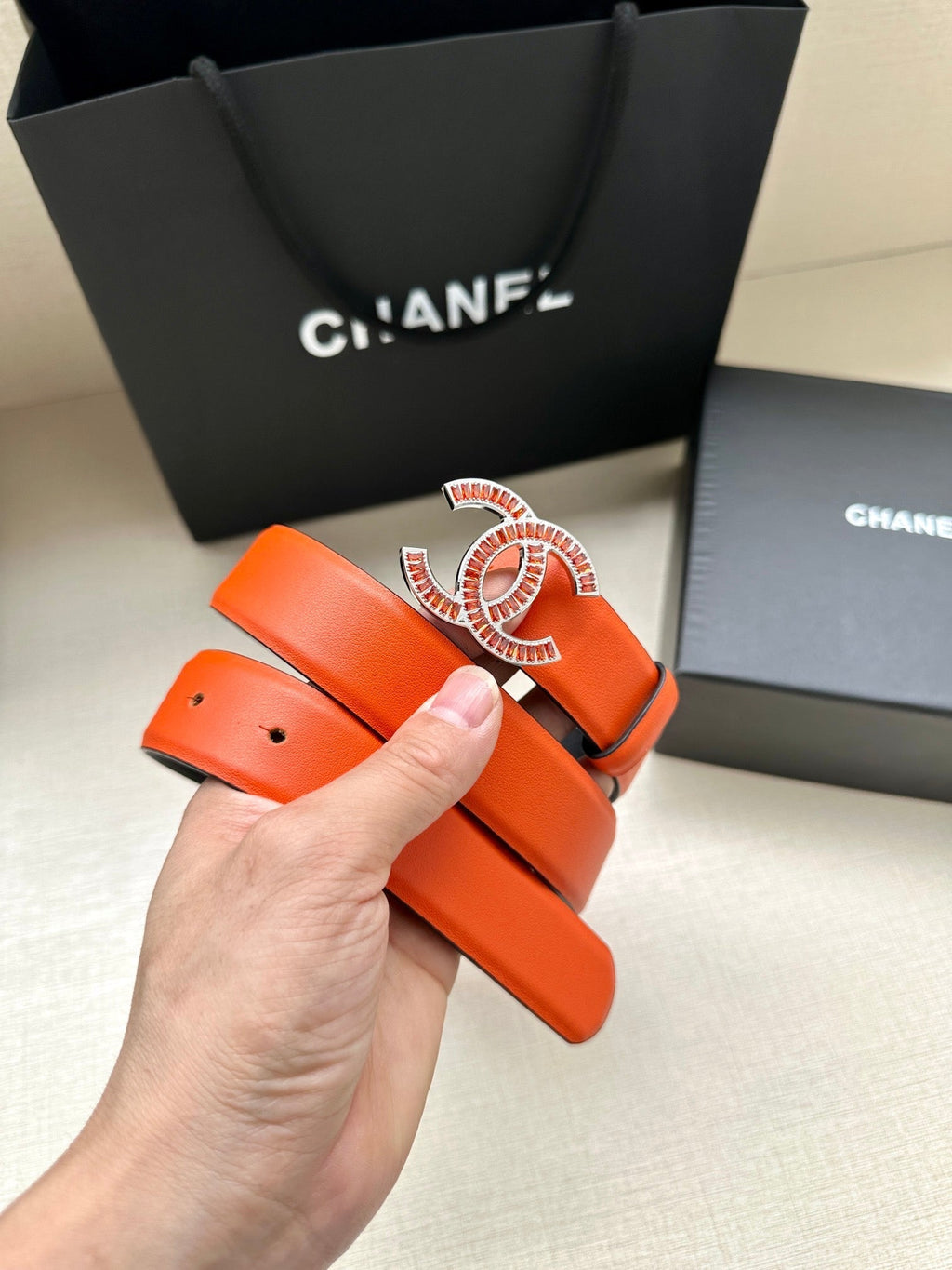 CC Women's Belt 3.0CM Orange Black Cowhide Red Buckle 616965