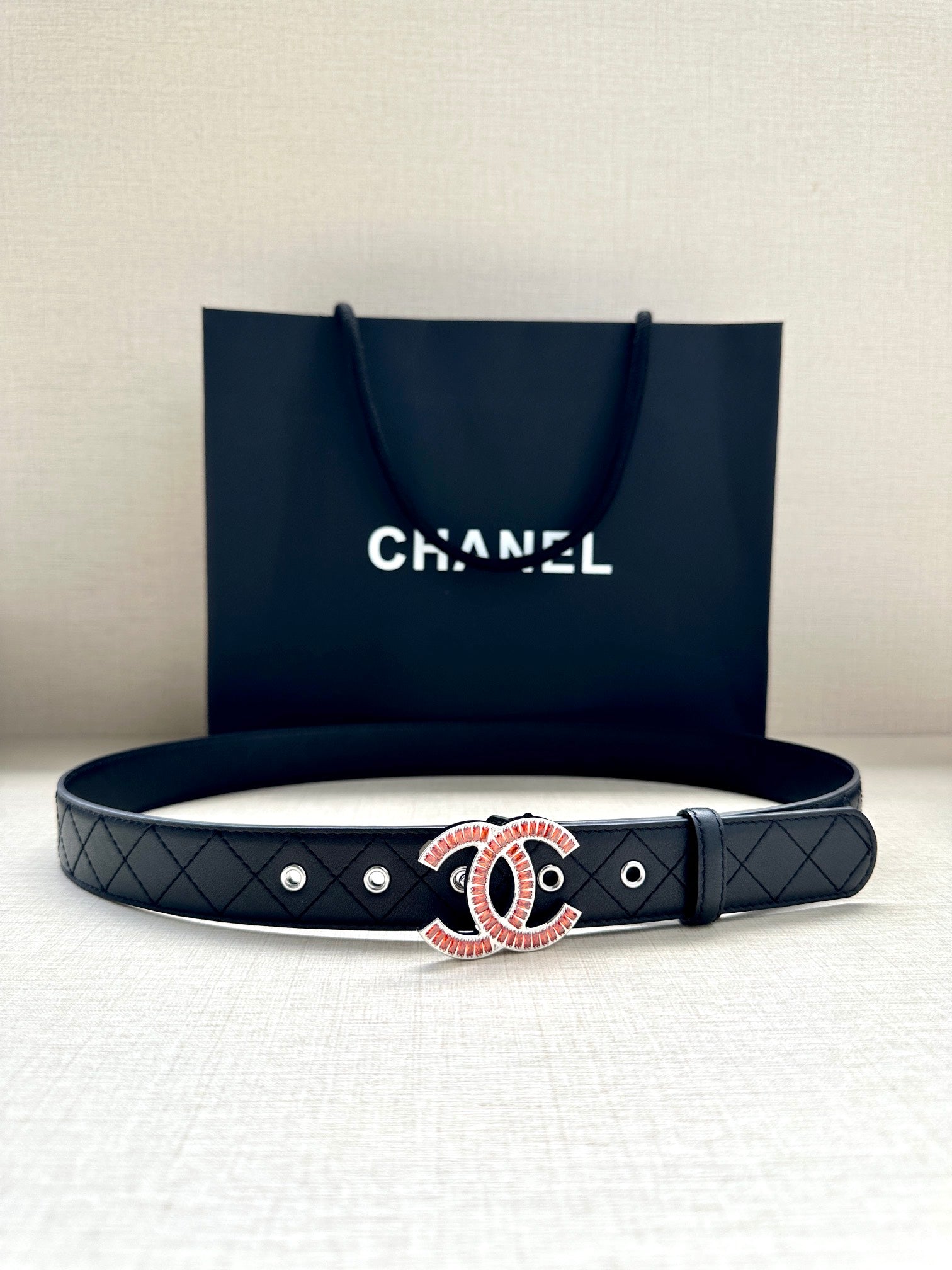 CC Women's Belt 3.0CM Black Cowhide Red Buckle 616961