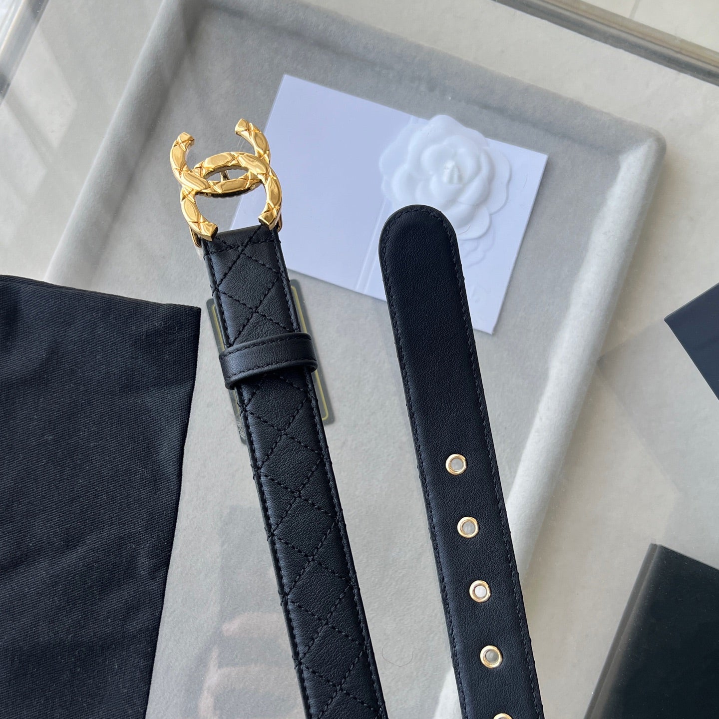 CC Women's Belt 3.0CM Black Cowhide Gold Buckle 616605