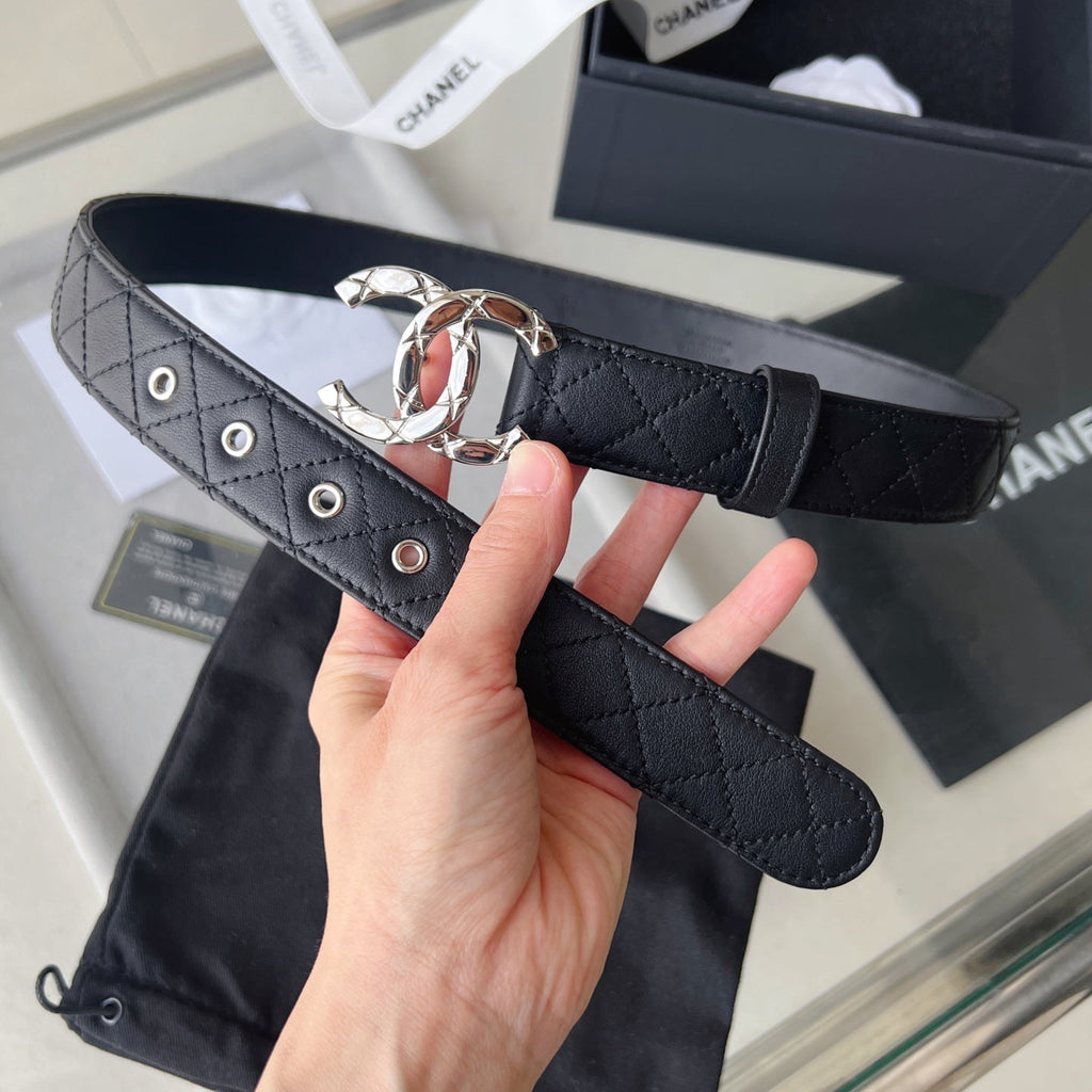 CC Women's Belt 3.0CM Black Cowhide Sliver Buckle 616604