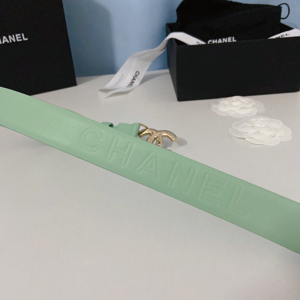 CC Women's Belt 3.0CM Light Green Cowhide White Black Buckle 597644