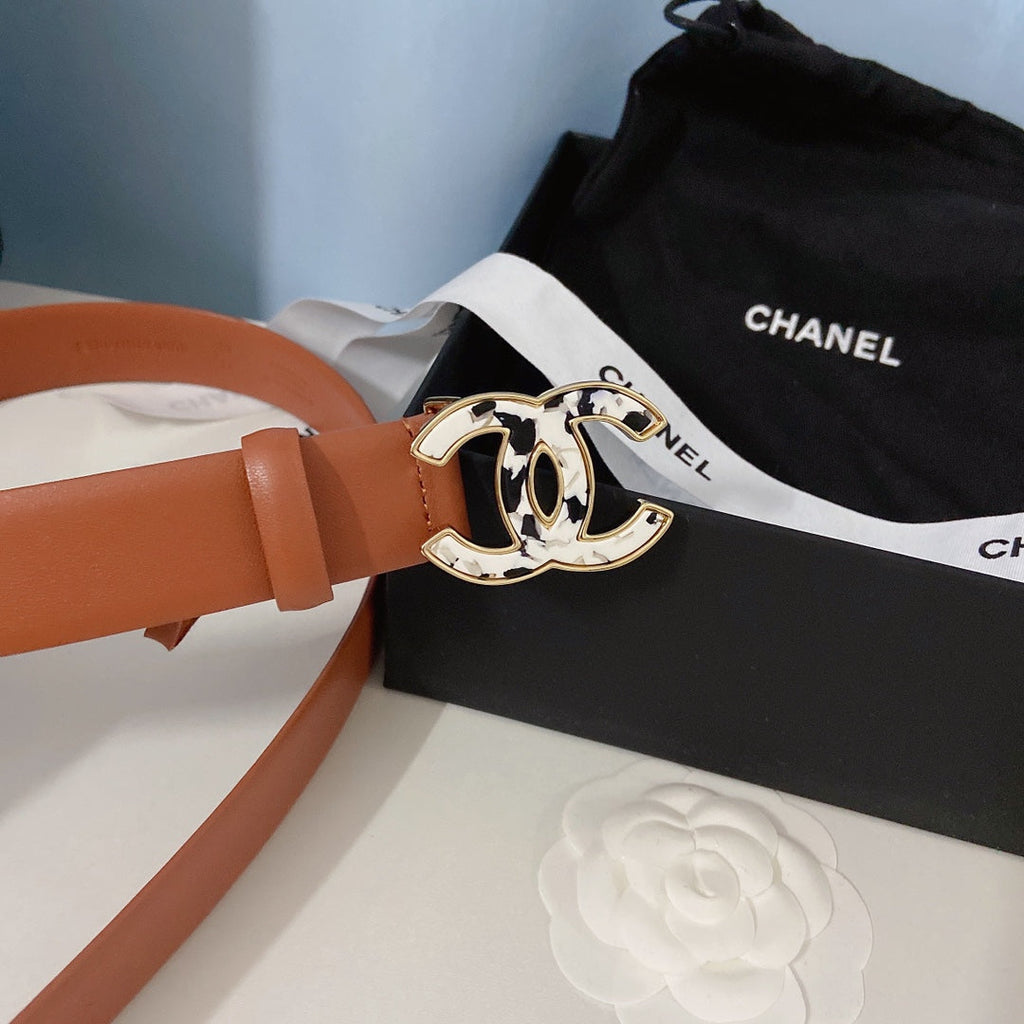 CC Women's Belt 3.0CM Brown Calfskin White Black Buckle 597643
