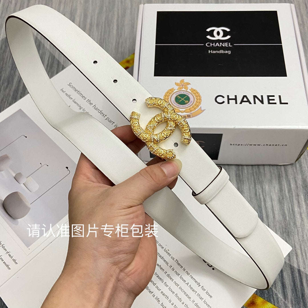 CC Women's Belt 3.0CM White Cowhide Gold Buckle 586527
