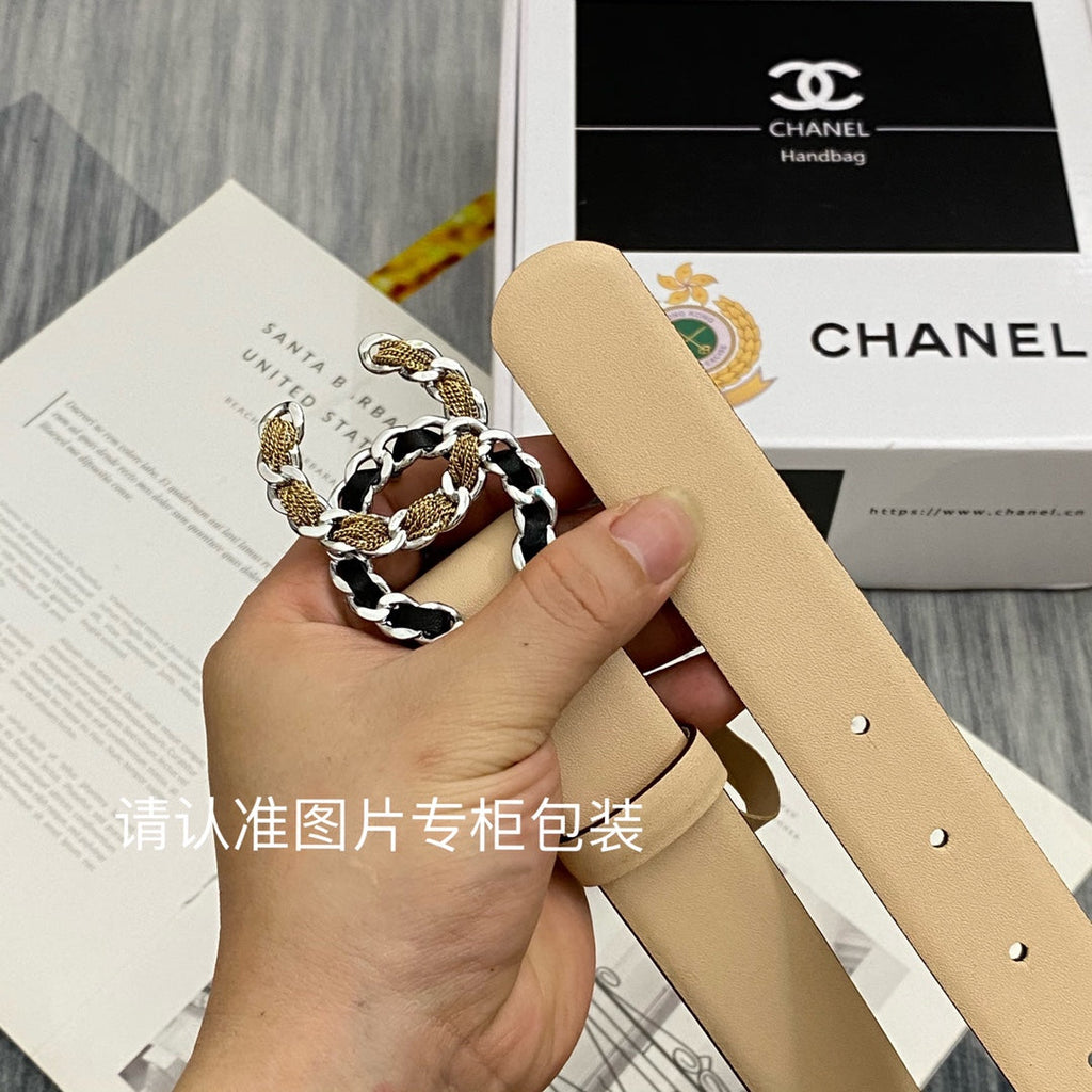 CC Women's Belt 3.0CM Beige Cowhide Gold Sliver Black Buckle 586518