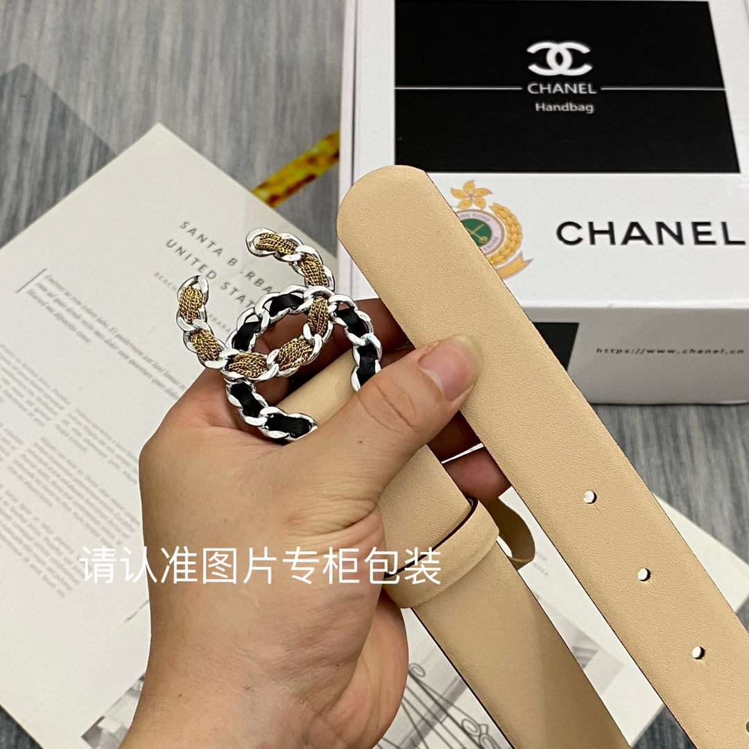 CC Women's Belt 3.0CM Beige Cowhide Gold Sliver Black Buckle 586518