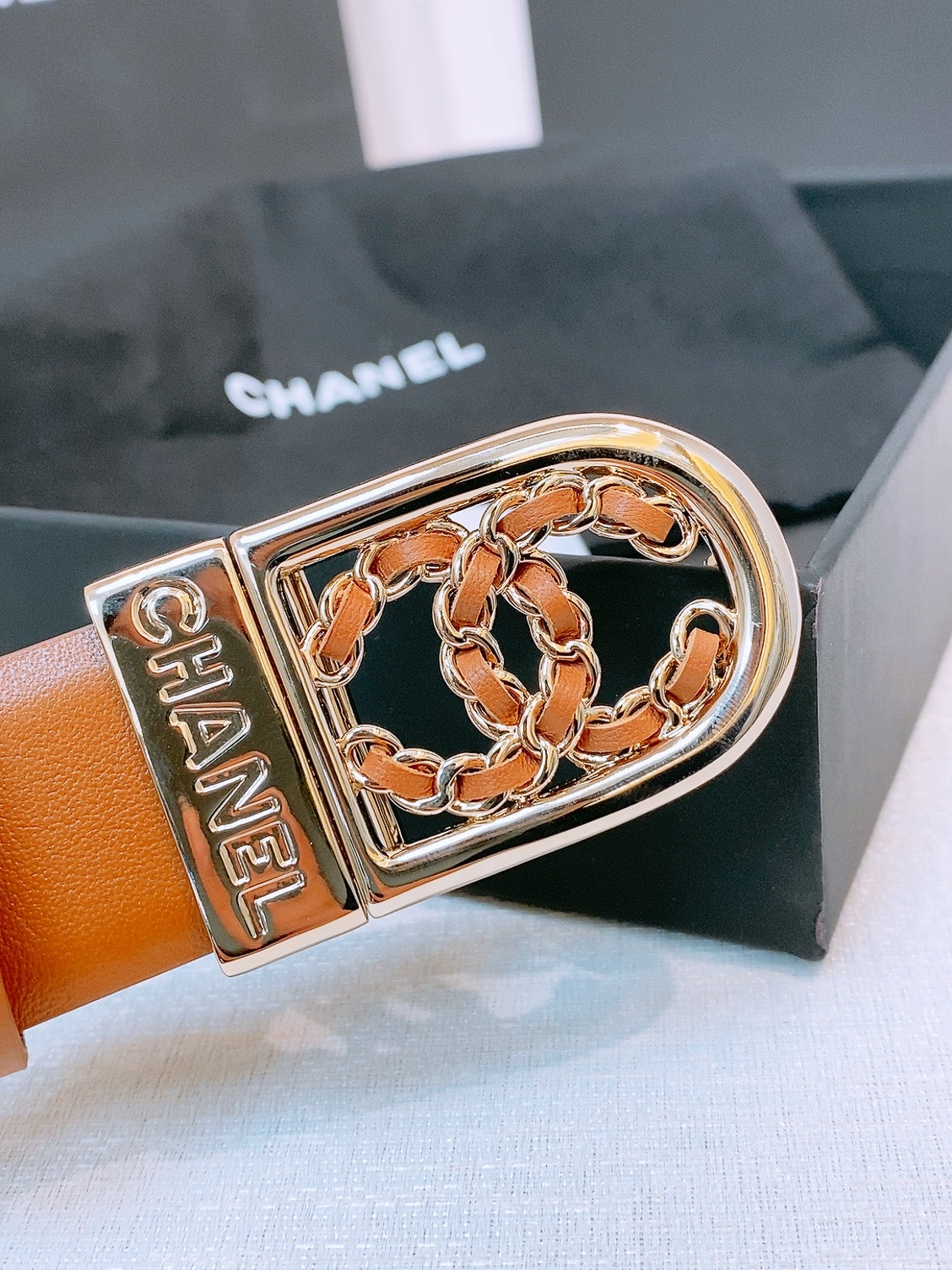 CC Women's Belt 3.0CM Tan Calfskin Sliver Black Buckle 572531