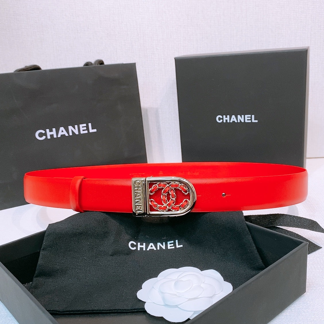 CC Women's Belt 3.0CM Red Calfskin Sliver Black Buckle 572530