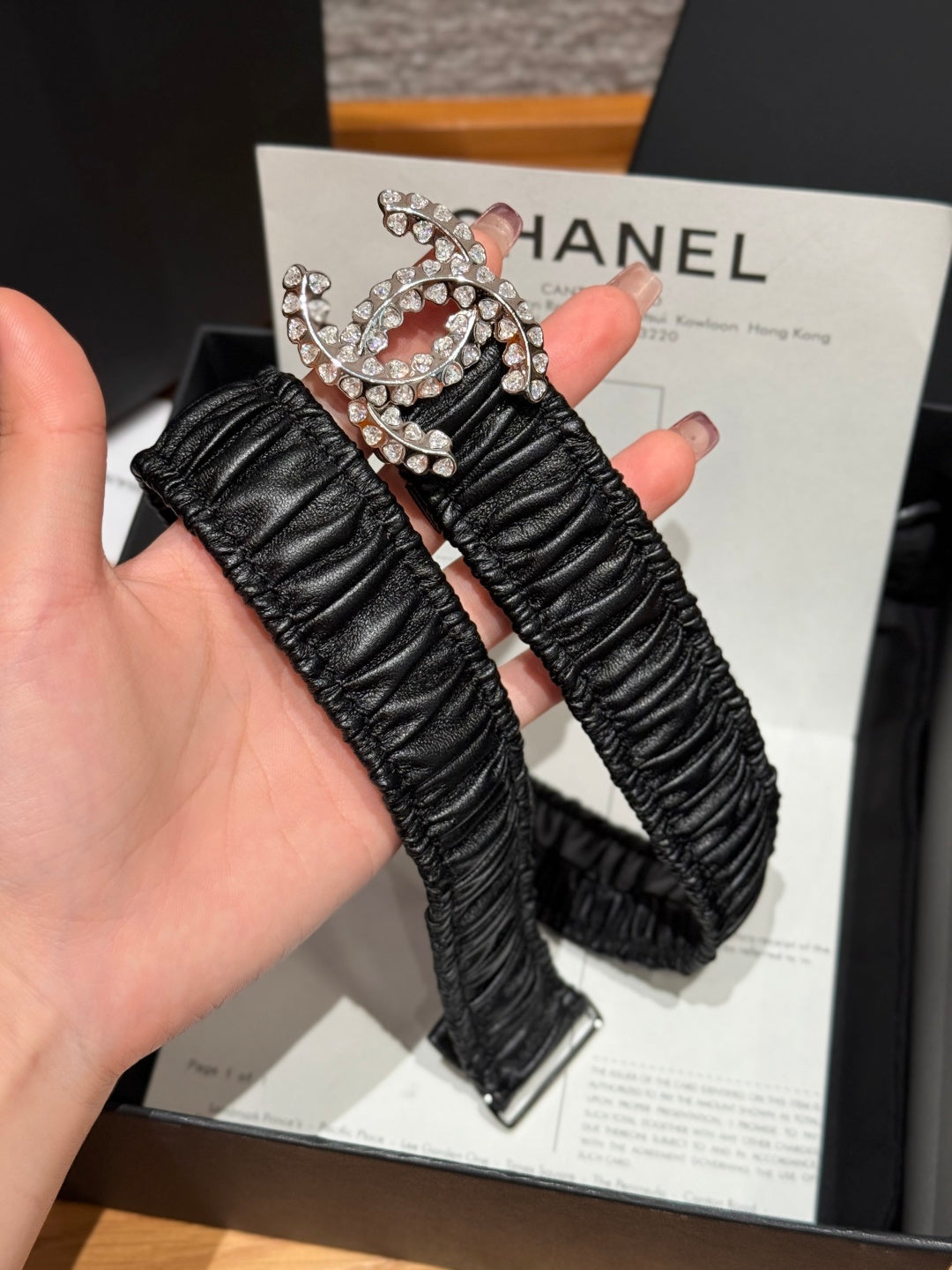 CC Elastic Waist Belt 3.0CM Black Calfskin Sliver Diamond Buckle 195955