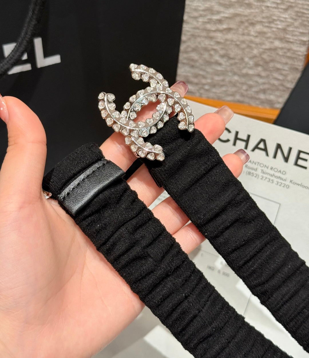 CC Elastic Waist Belt 3.0CM Black Canvas Sliver Diamond Buckle 195954