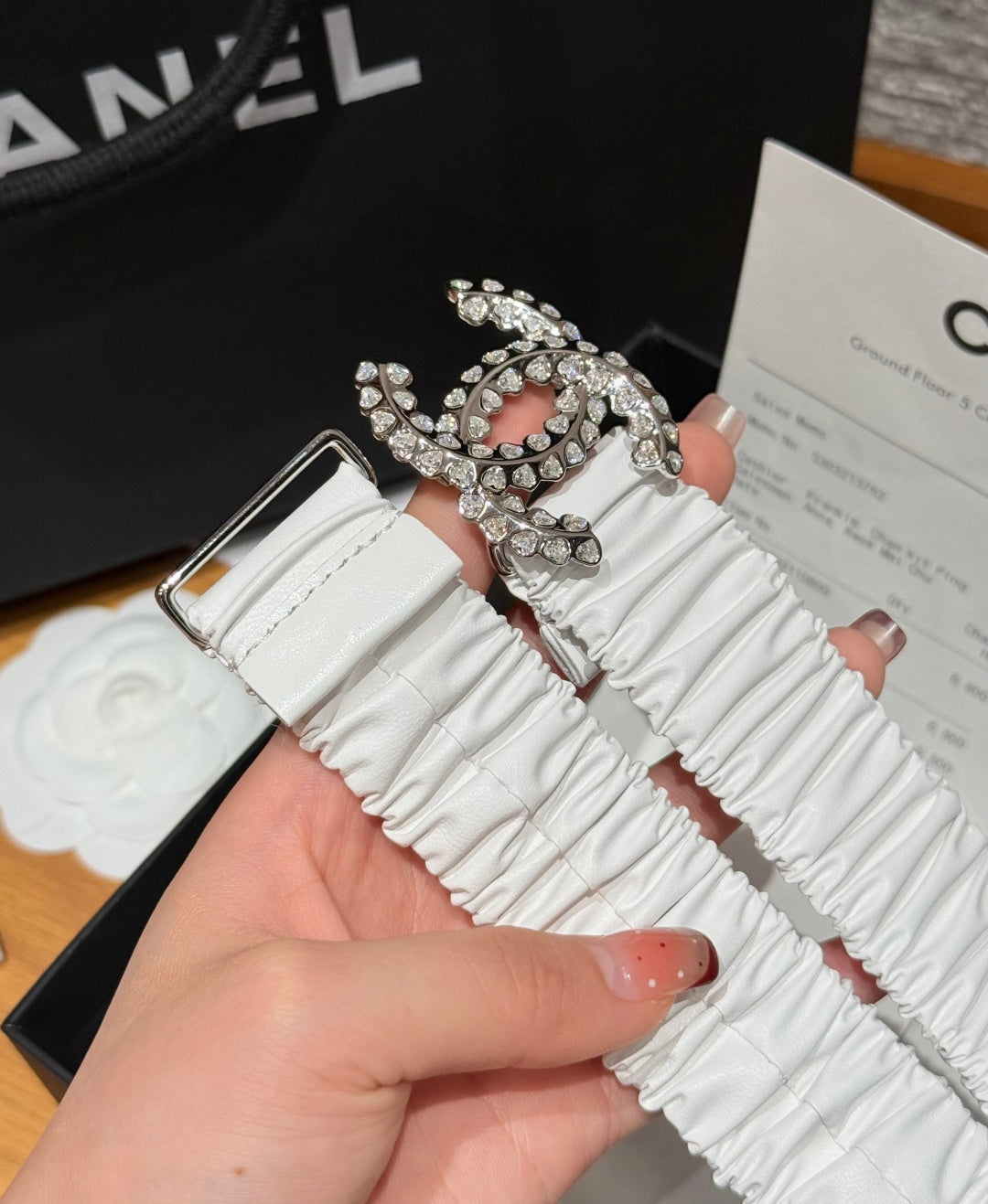 CC Elastic Waist Belt 3.0CM White Leather Sliver Diamond Buckle 195946
