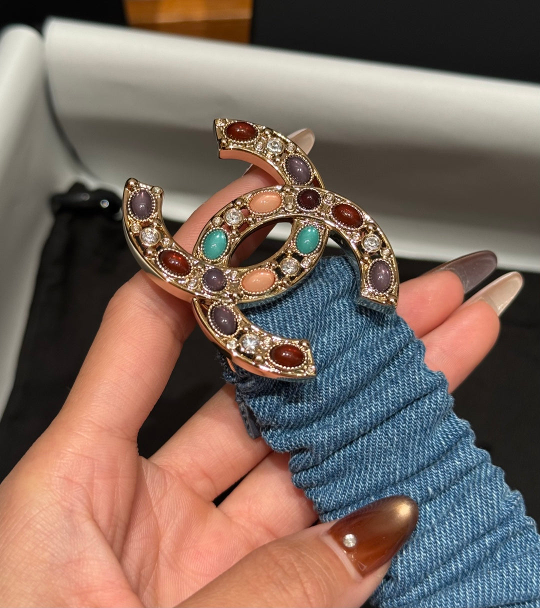 CC Rhinestone Belt 3.0CM Blue Denim Multicolor Buckle 198408