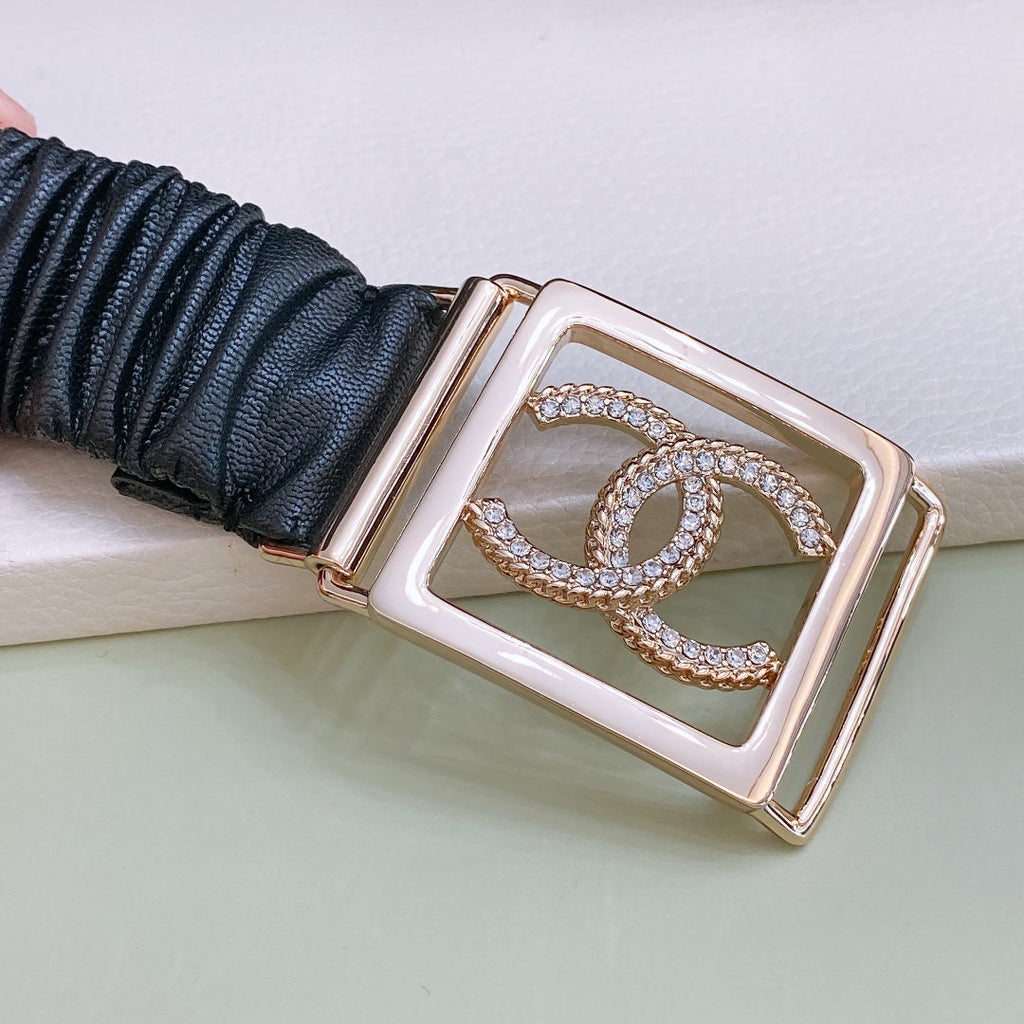 Chanel Rhinestones CC Square Buckle Belt Black  Gold in Calfskin  205357