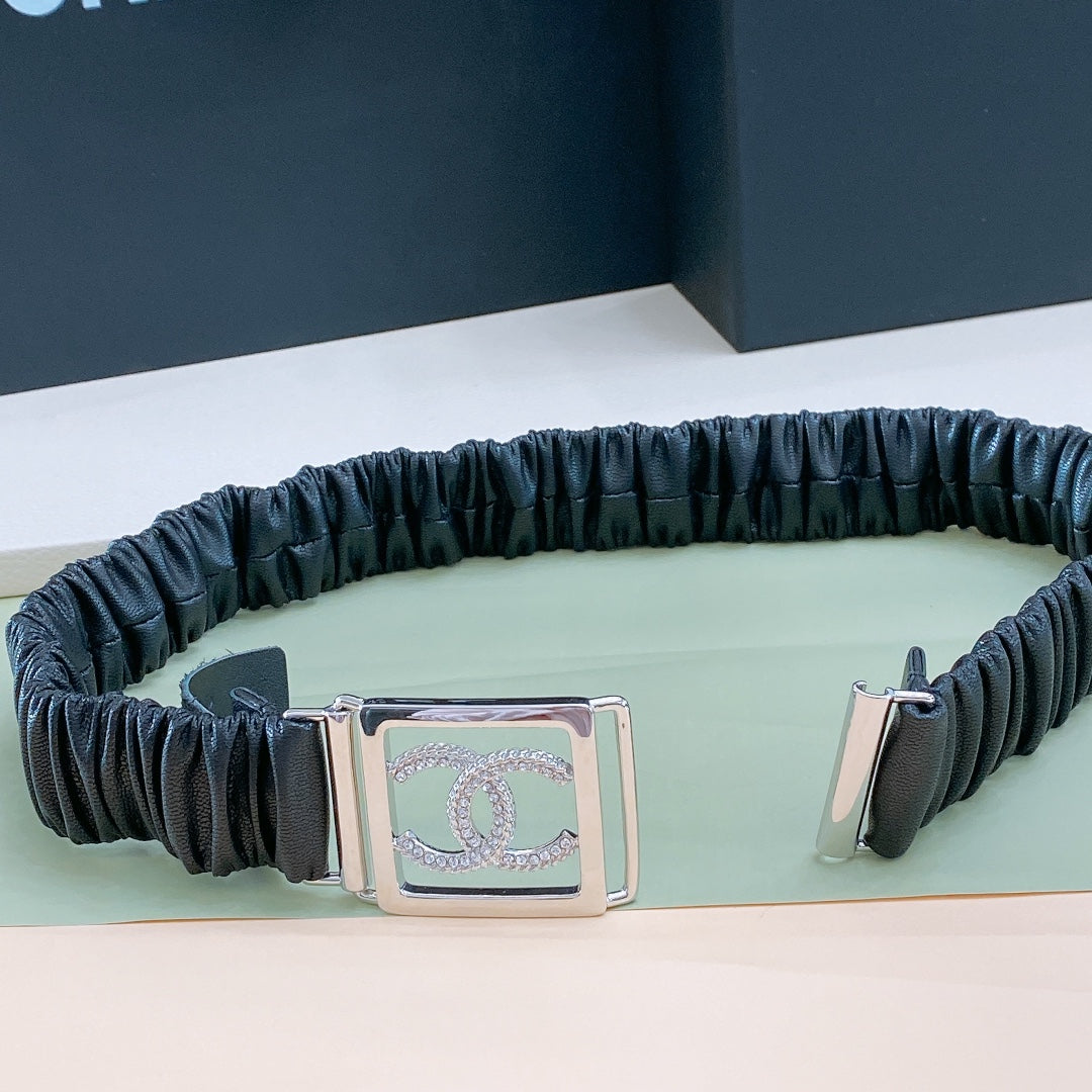 Chanel Rhinestones CC Square Buckle Belt Black Silver in Calfskin 205356