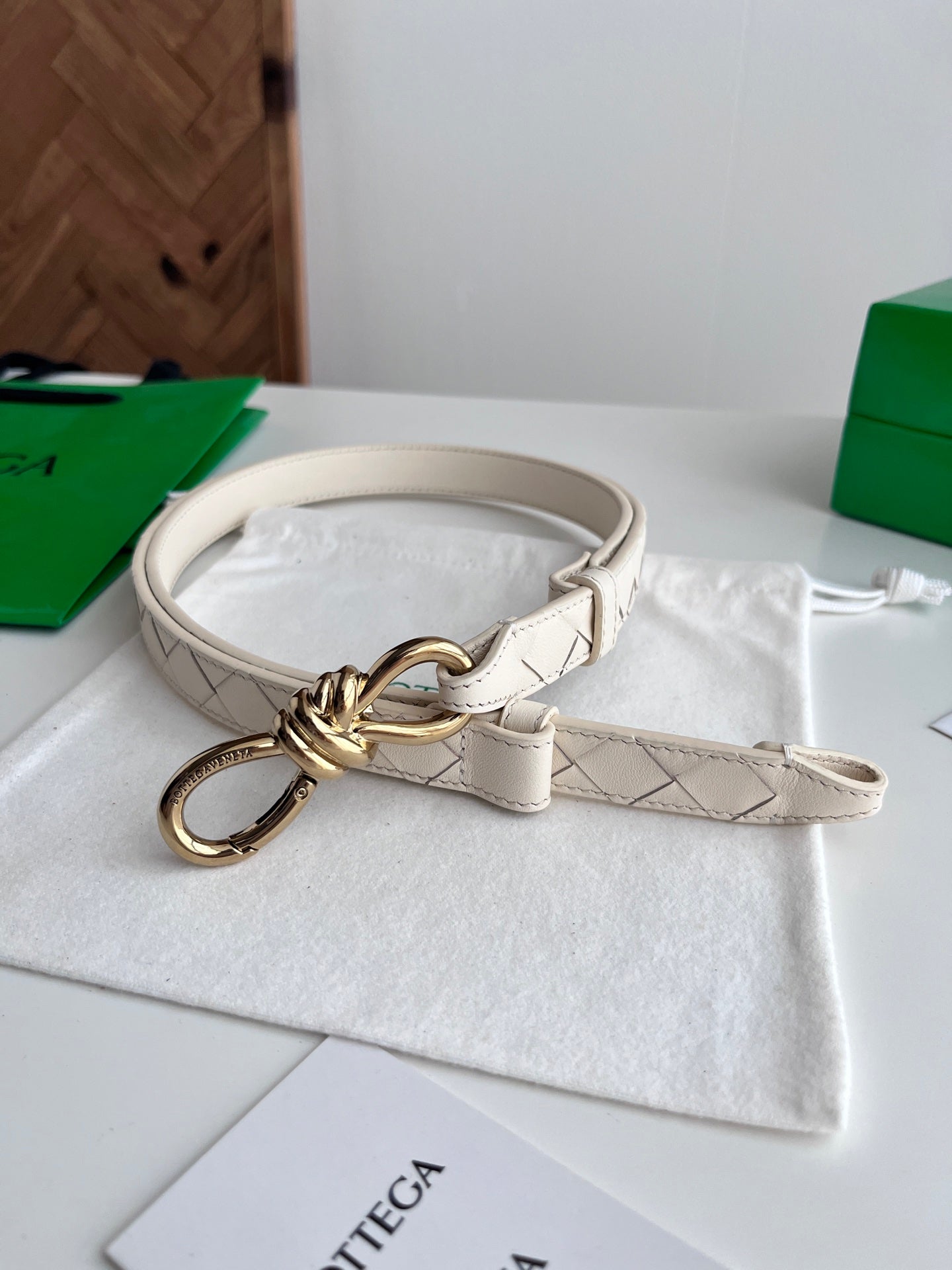 BV 26S Andiamo Knot Buckle Intreccio Belt 2cm White Lambskin 204753