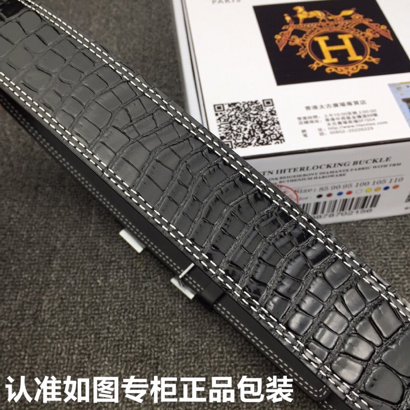 HM Belt 38mm Black Crocodile Leather Sliver Buckle 619362