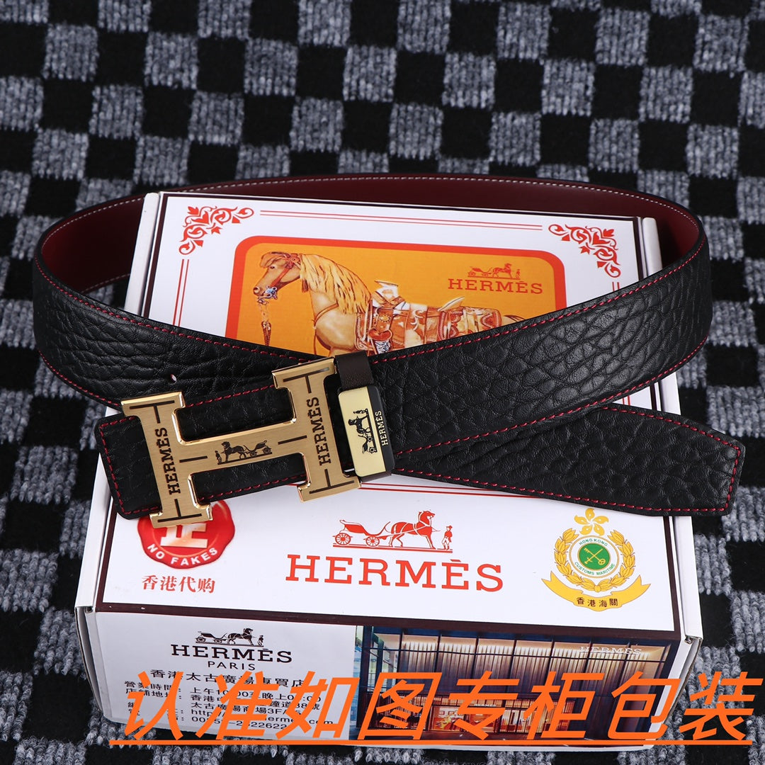 HM Belt 38mm Black Cowhide Leather Gold Buckle 619053