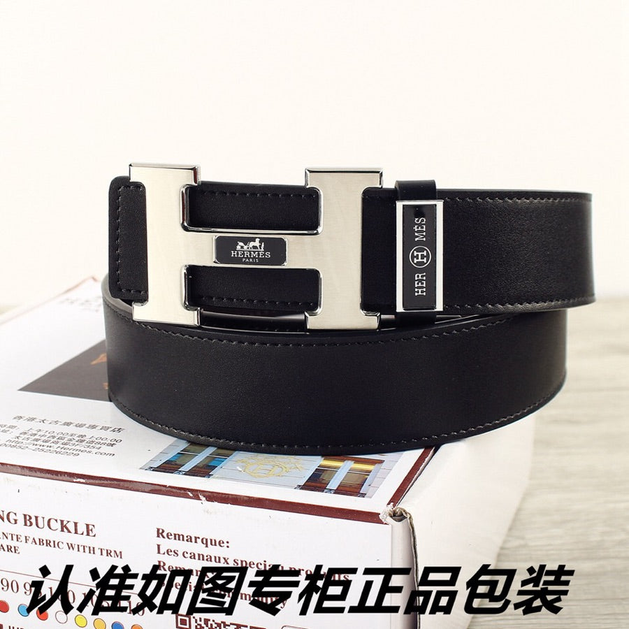 HM Double-sided Belt 38mm Black Cowhide Sliver Buckle 620362