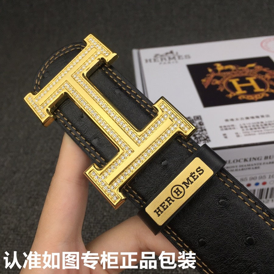 HM Belt 38mm Black Cowhide Leather Gold Diamond Buckle 619513