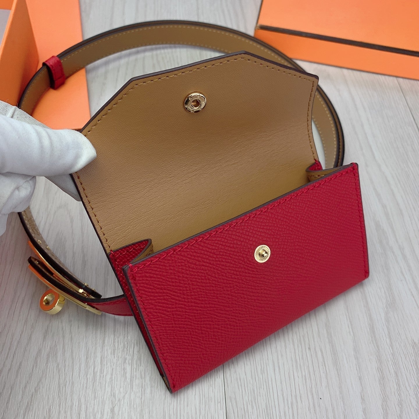 hm kelly belt 18mm with pocket dark red calfskin gold buckle