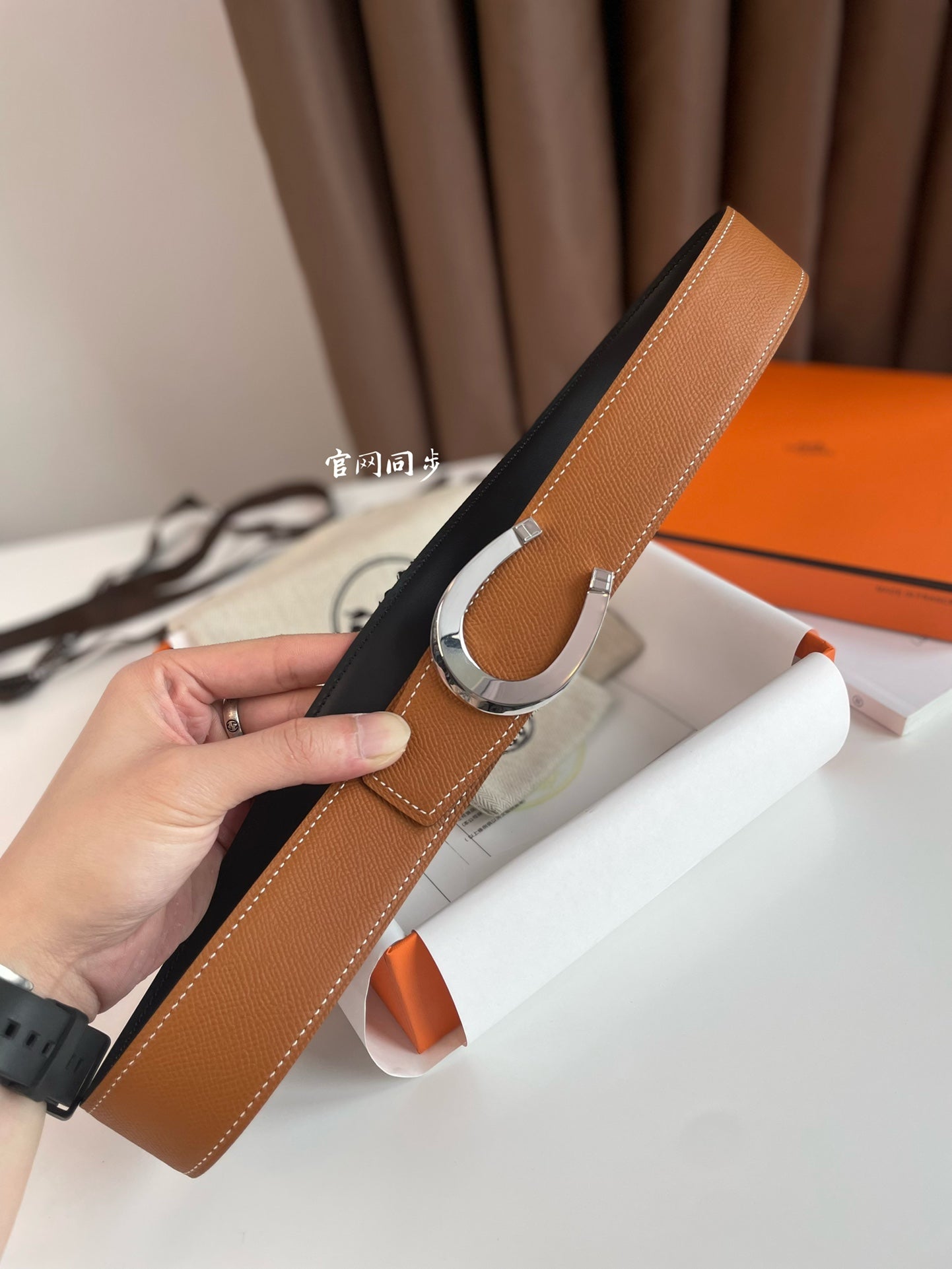LUCK BELT BUCKLE & REVERSIBLE GINGER ORANGE AND BLACK LEATHER STRAP 38MM SILVER HARDWARE