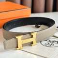 HM Gold H Buckle & Reversible 32mm Belt Beige mix Black leather 124654