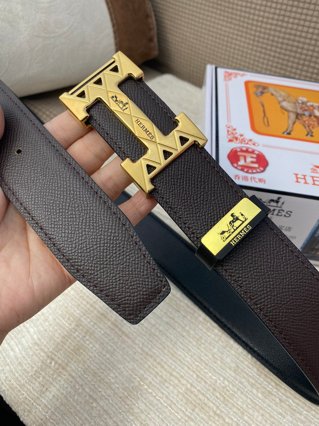 HM Belt 38mm Chocolate Black Cowhide Leather Gold Buckle 619065