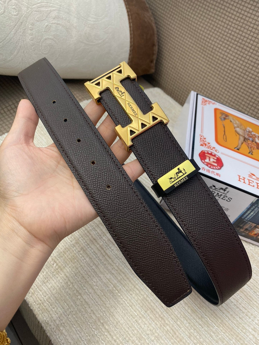 HM Belt 38mm Chocolate Black Cowhide Leather Gold Buckle 619065