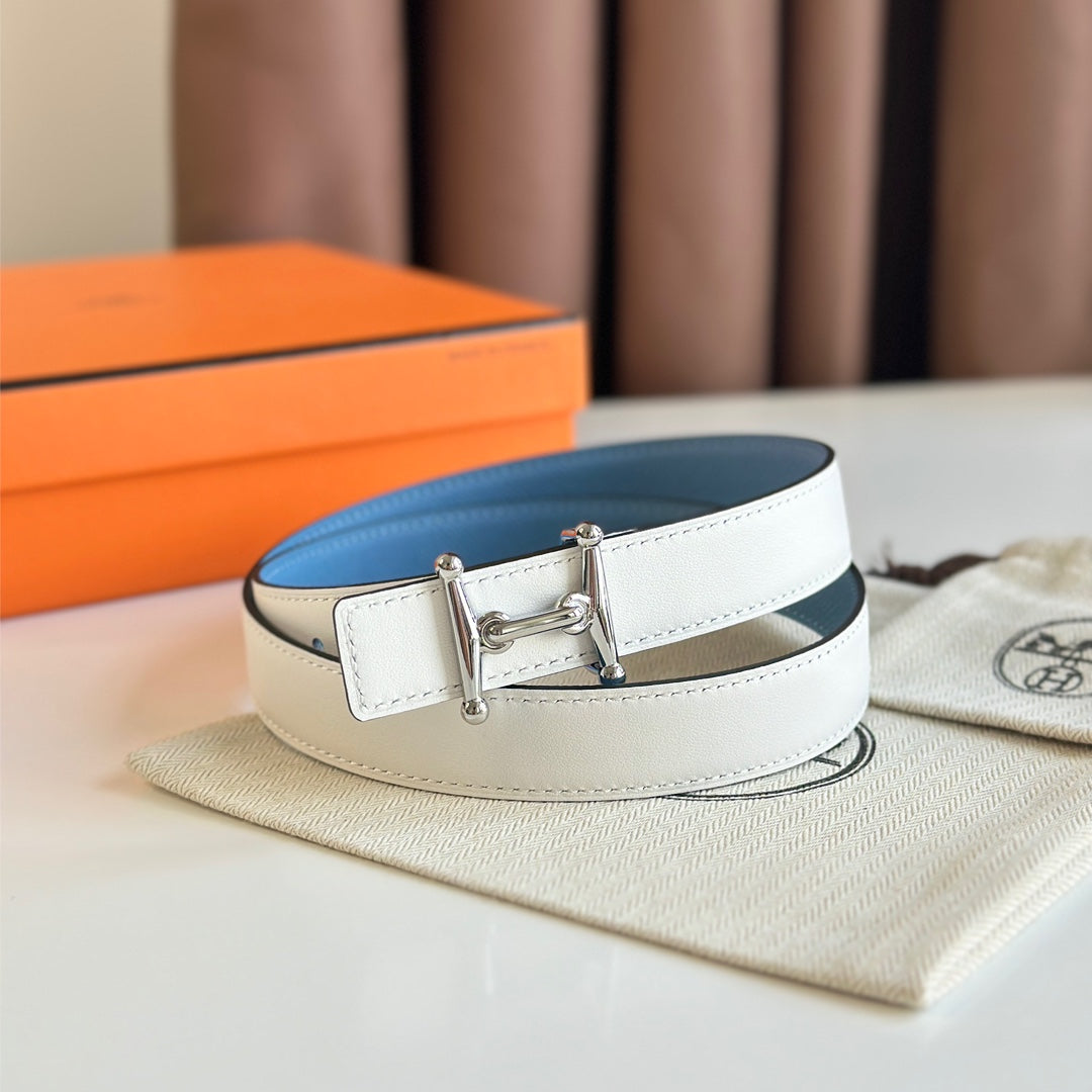 HM Silver Mors H buckle & Reversible 24 mm belt Blue White leather 125360