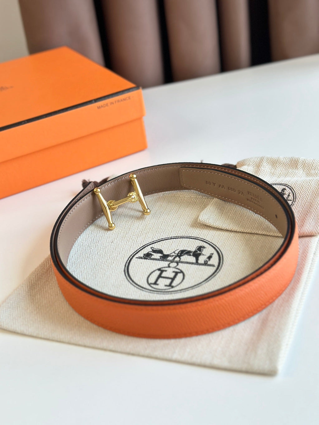 HM Gold Mors H buckle & Reversible 24 mm belt Orange Beige Leather 125355