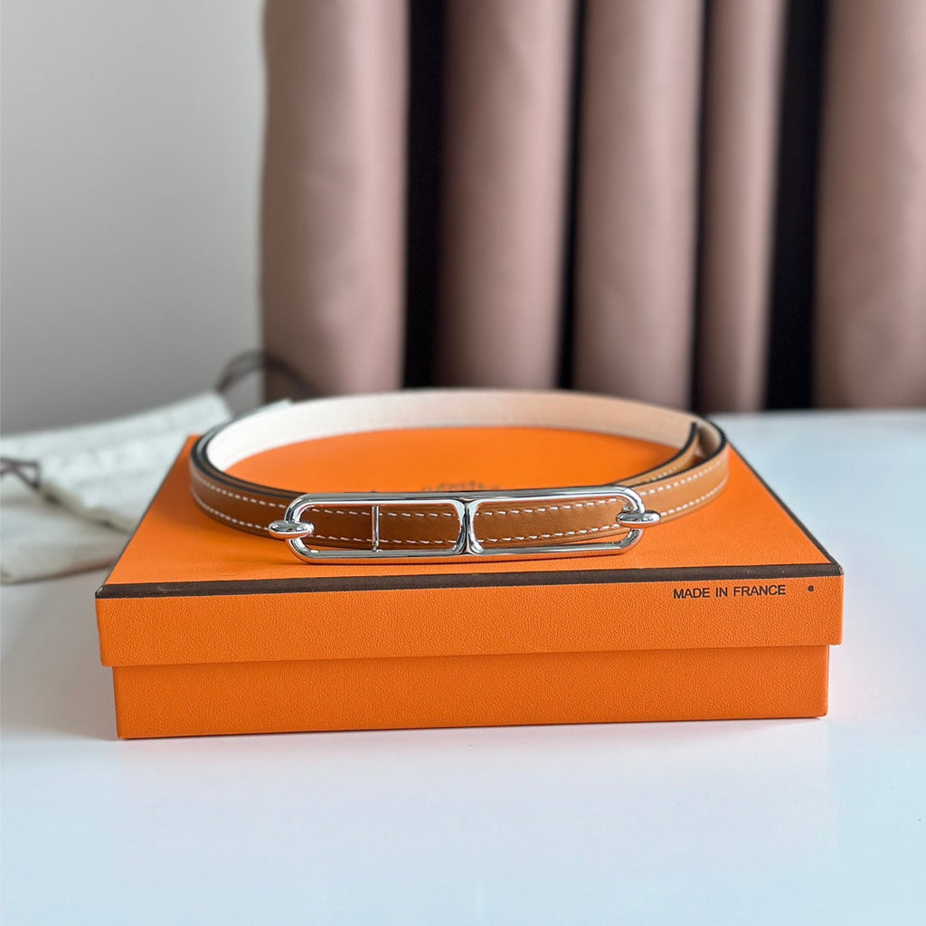 HM ROULIS BUCKLE & REVERSIBLE CINNAMON BROWN AND WHITE LEATHER STRAP 13MM SILVER HARDWARE